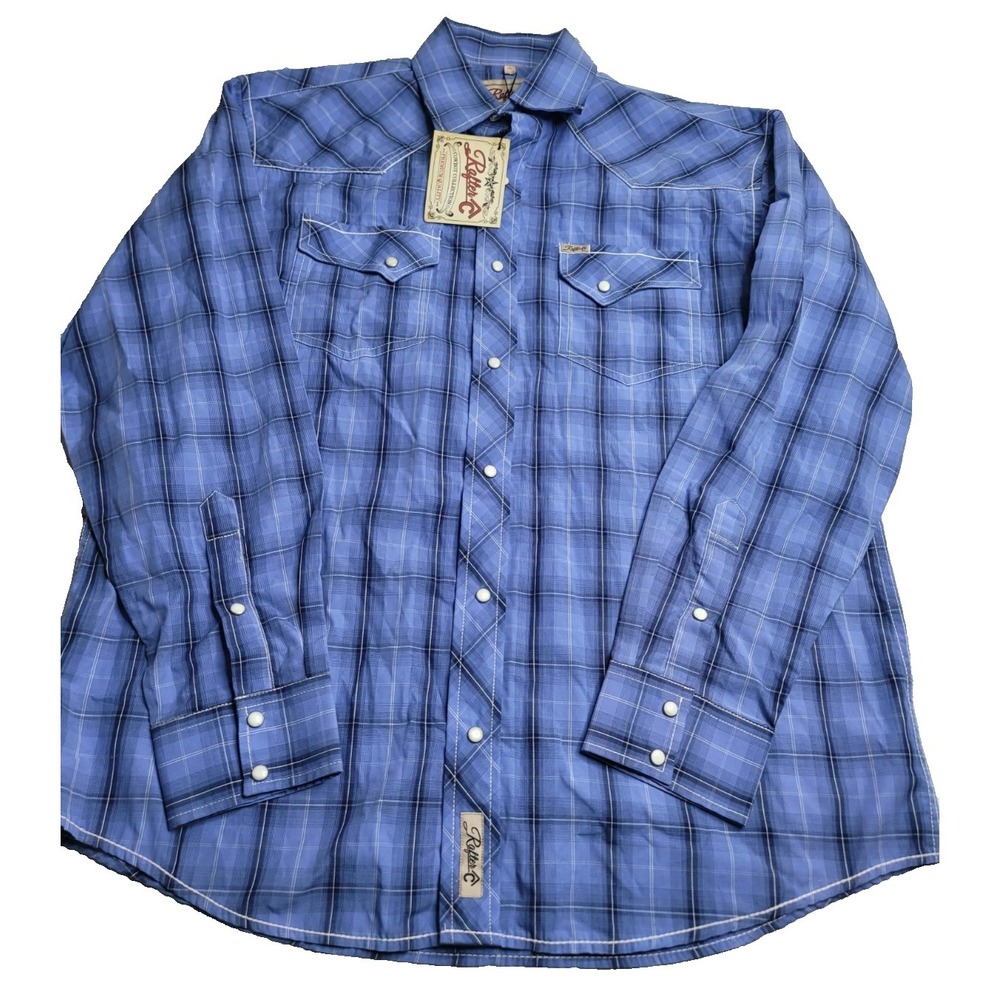 NWT Rafter C Men's Long Sleeve Blue Plaid Pearl‎ Snap Shirt XL